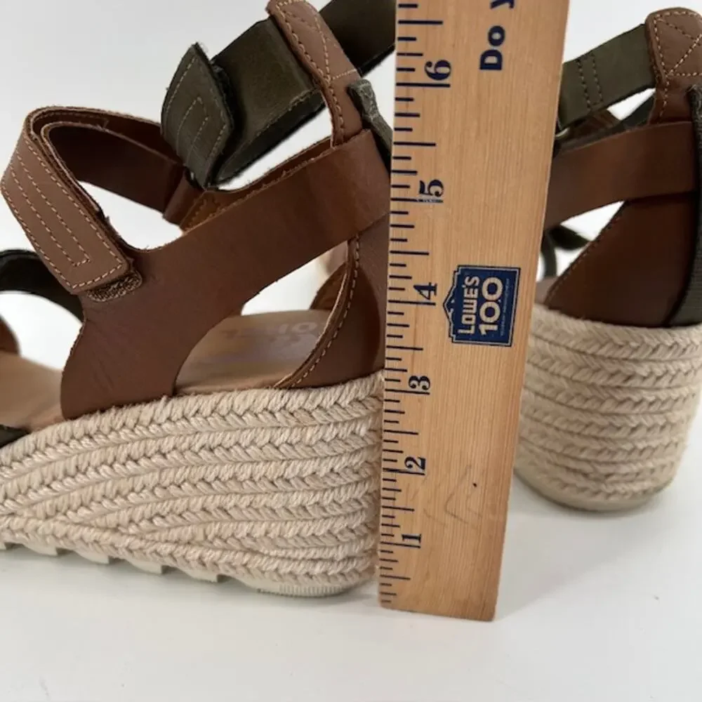 Sorel Cameron Wedge Multi-Strap Sandals Womens 8.5 Green Brown Leather Comfort